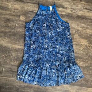 The Impeccable Pig Blue Printed High-Neck Ruffle Hem Tank
